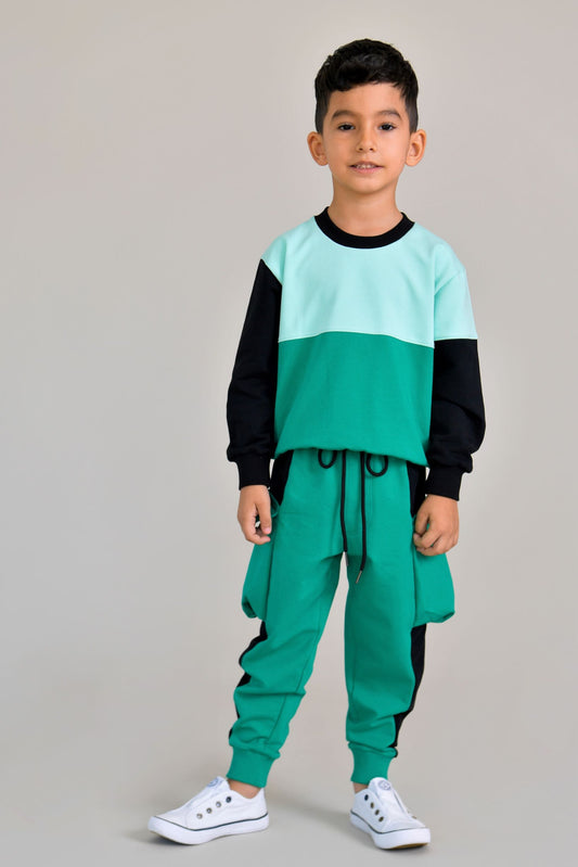 trening baieti colour block verde, verde menta, negru, baieti 2-6 ani